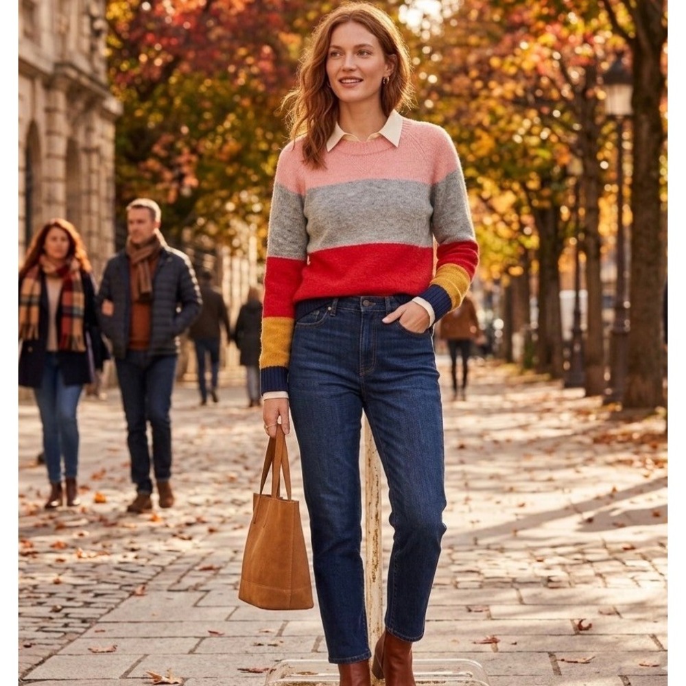 J Crew Sweater Womens Large Pink Grey Red Alpaca Colorblock Knit Crewneck